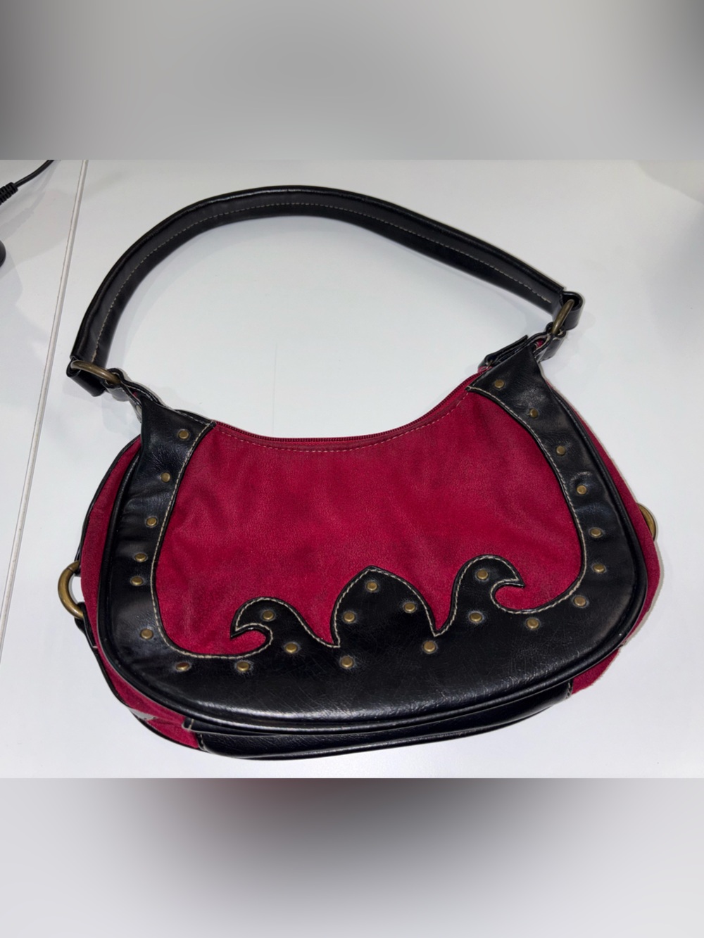 Vintage Y2K Frankie & Johnnie Women’s Black & Burgundy Studded Hobo Bag